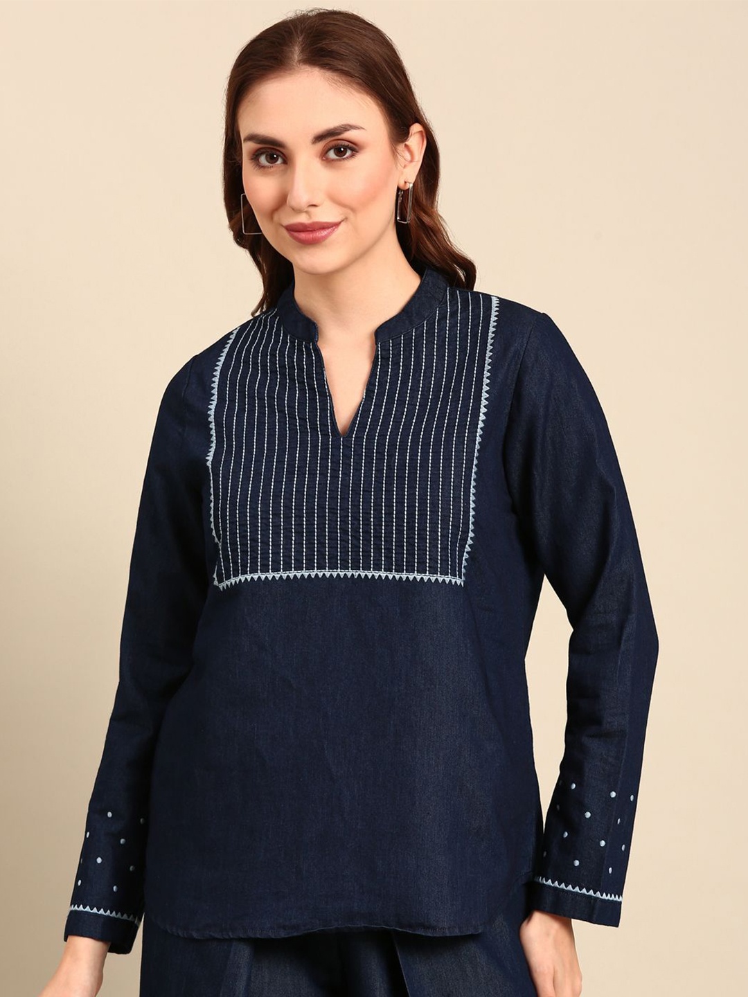 

De Moza Women Vertical Striped Mandarin Collar Cotton Top, Navy blue