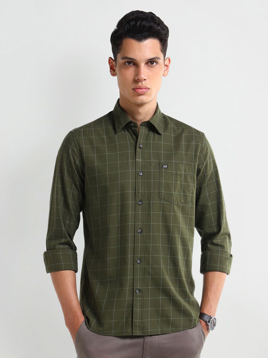 

Arrow Men Modern Spread Collar Tartan Checked Cotton Slim Fit Casual Shirt, Green