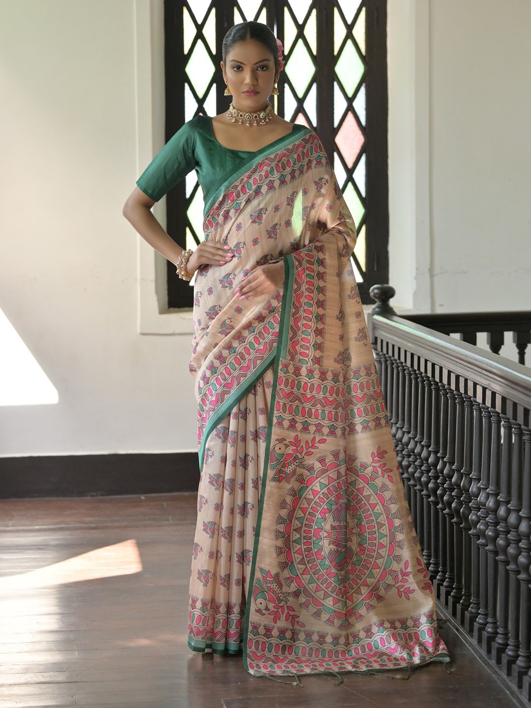 

LeeliPeeri Designer Ethnic Motifs Silk Blend Tussar Saree, Green