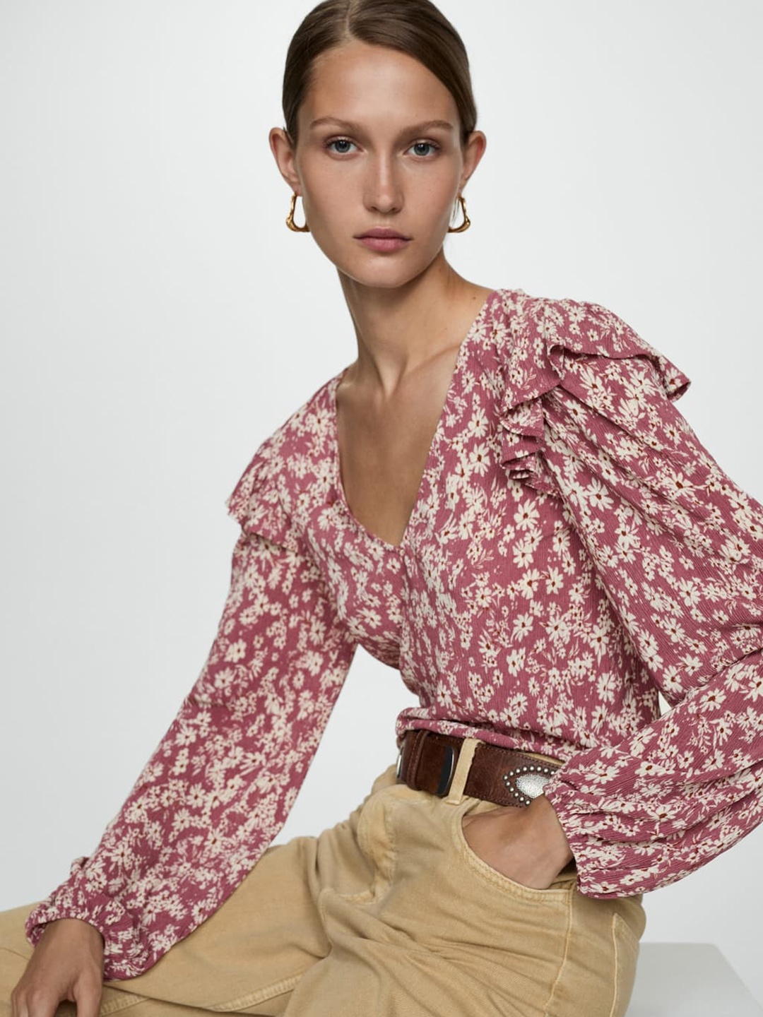 

MANGO Seersucker Ruffed Floral Printed Regular Top, Mauve