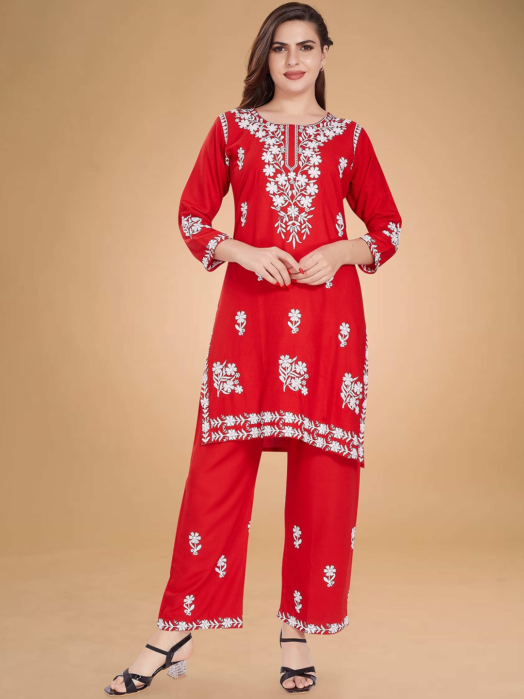 

Rani Saahiba Floral Embroidered Round Neck Chikankari Straight Kurta with Trousers, Red