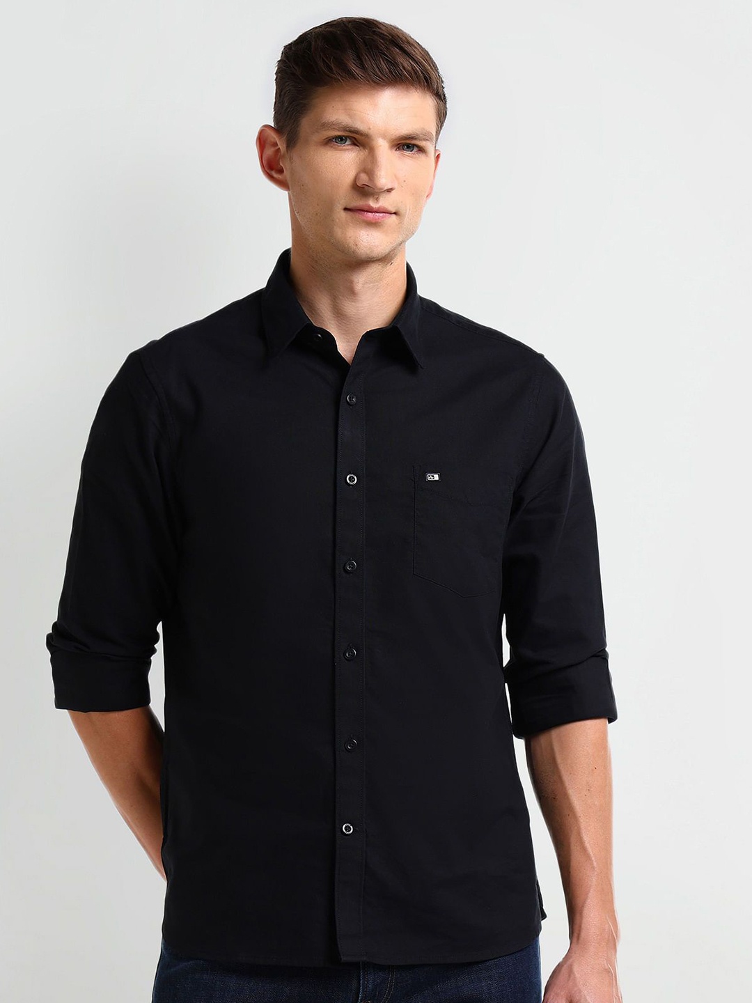 

Arrow Men Modern Spread Collar Solid Cotton Slim Fit Casual Shirt, Black