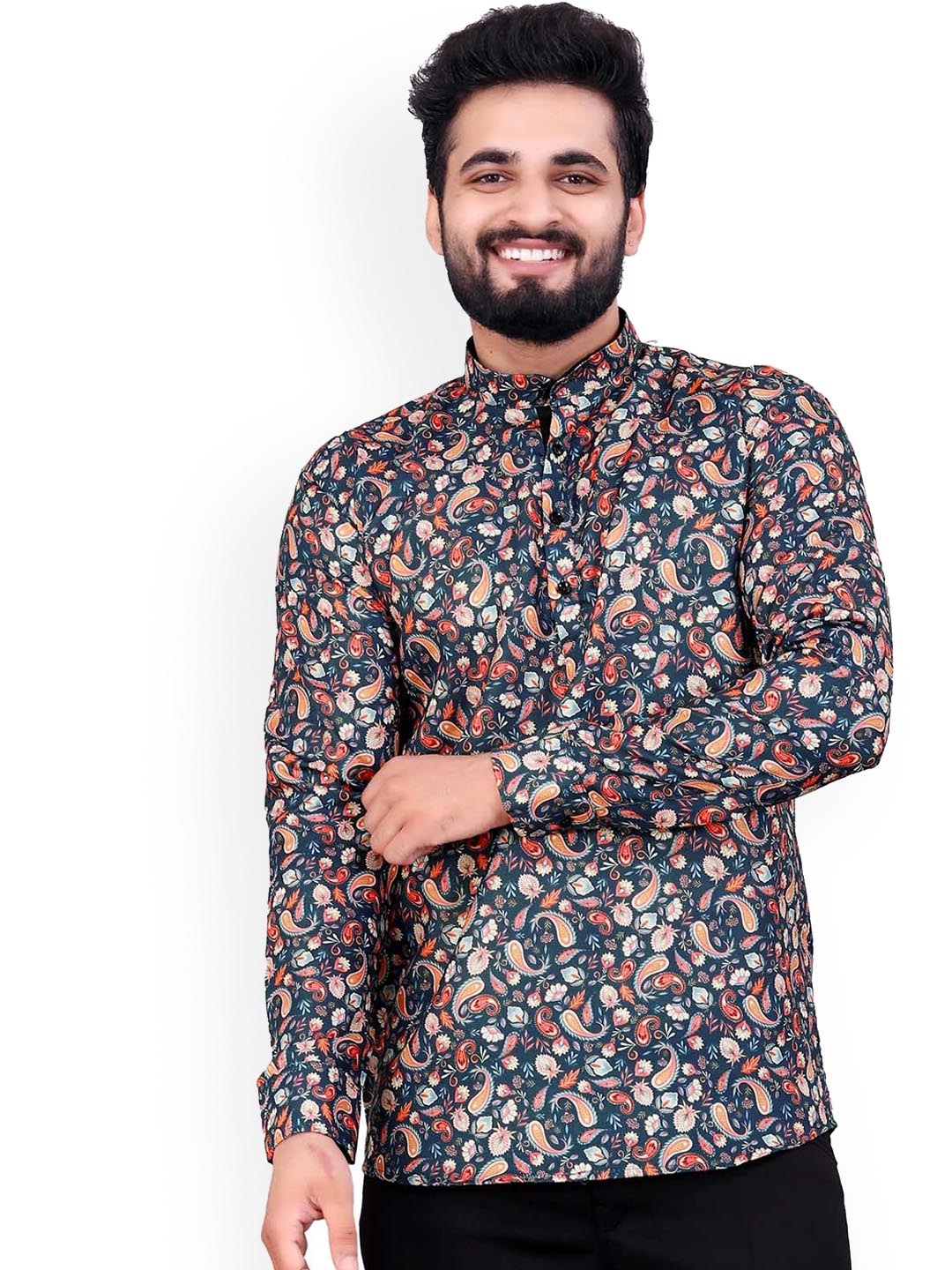 

Valencia Fashion Paisley Printed Mandarin Collar Kurta, Teal