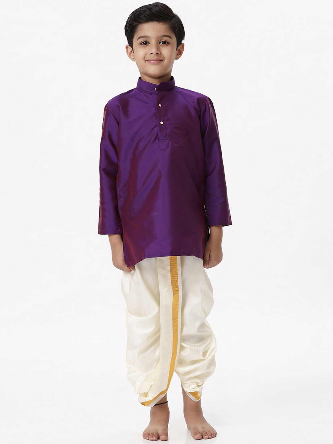 

Ramraj Boys Band Collar Silk Blend Kurta With Panchakacham, Purple