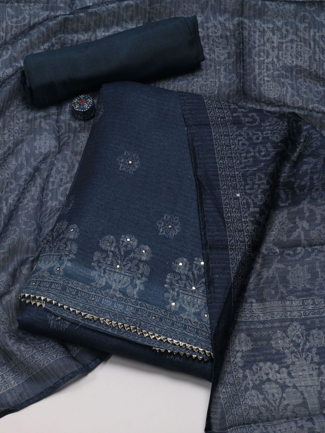 

Meena Bazaar Floral Printed Unstitched Dress Material, Navy blue