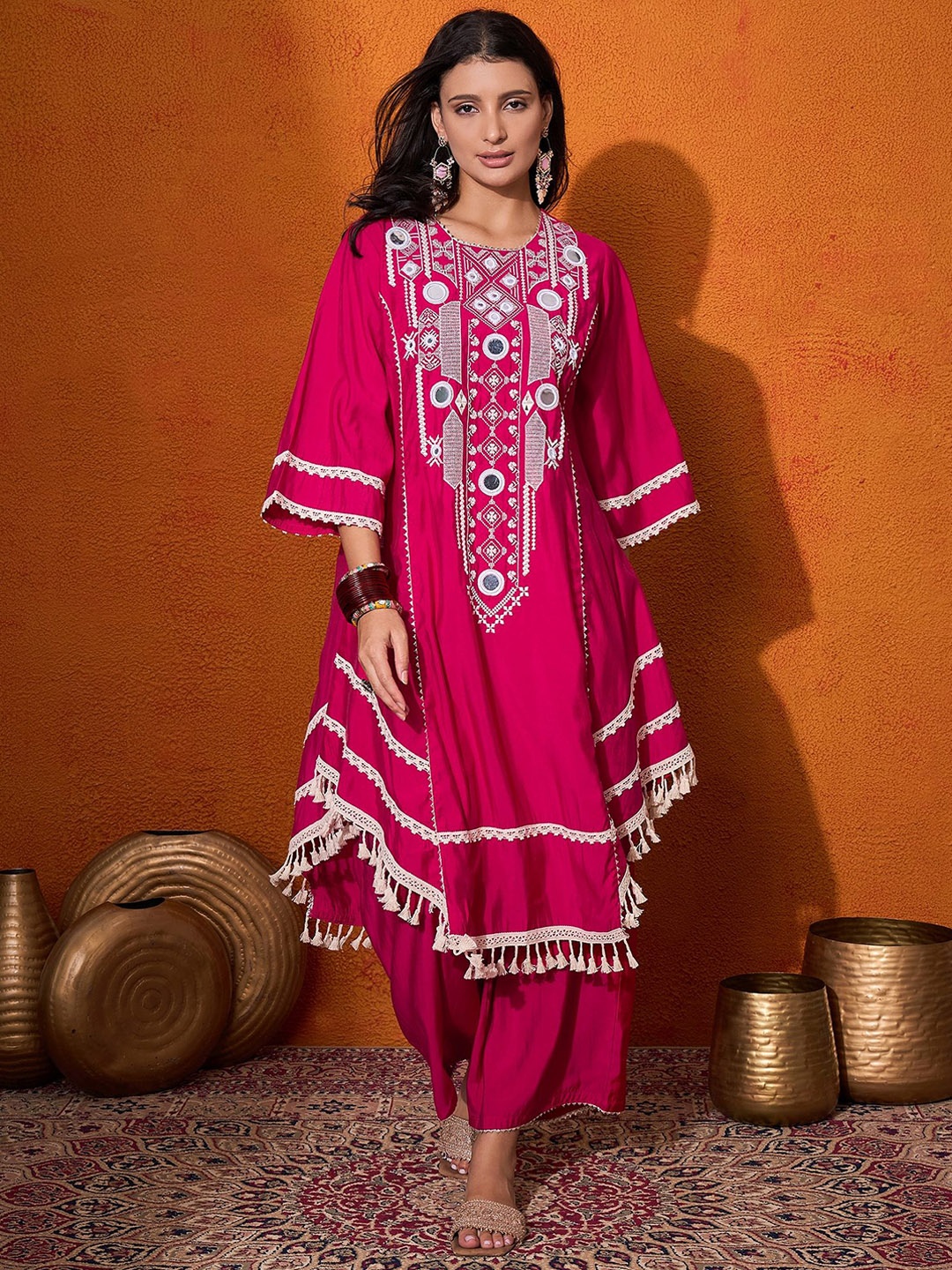 

Sangria Floral Embroidered Regular Mirror Work A-Line Kurta with Palazzo, Pink