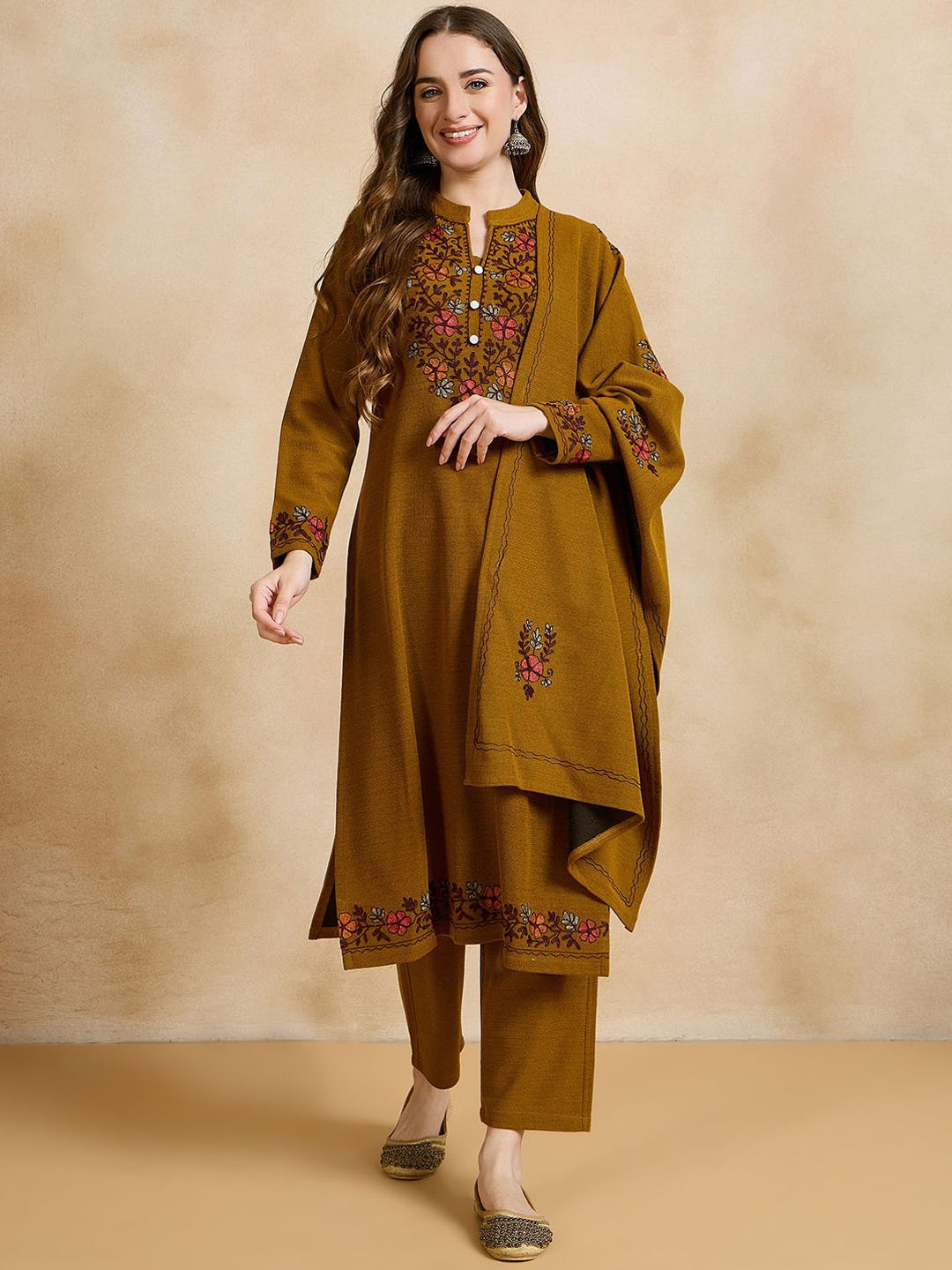 

CLAPTON Floral Embroidered Thread Work Pure Woollen Straight Kurta With Trousers & Dupatta, Mustard