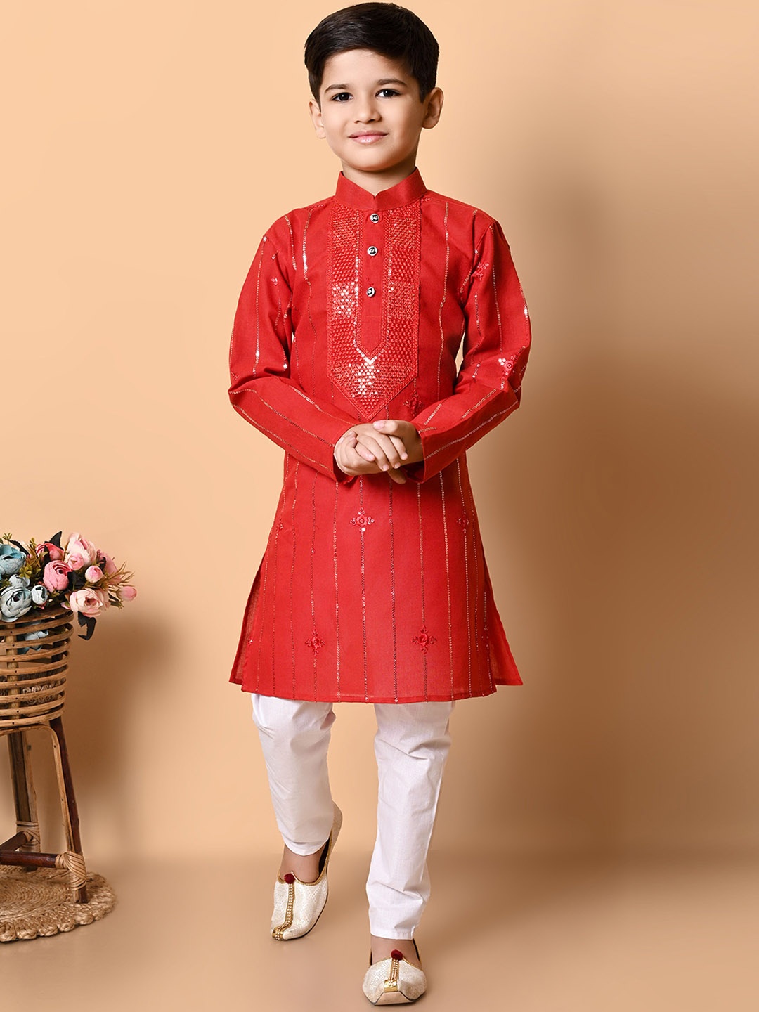 

NFC CREATION Boys Striped Sequinned Kurta with Pyjamas, Red