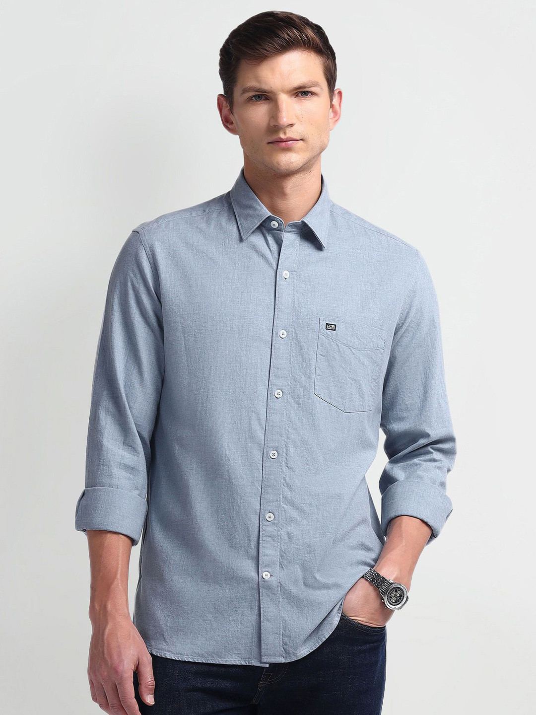 

Arrow Sport Men Smart Spread Collar Solid Cotton Slim Fit Casual Shirt, Blue