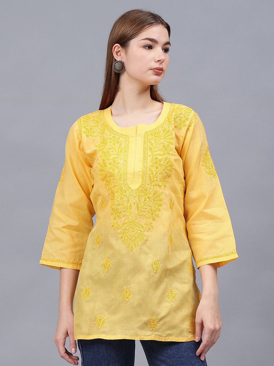 

Seva Chikan Ethnic Motifs Embroidered Chikankari Handloom Chikankari Kurti, Yellow