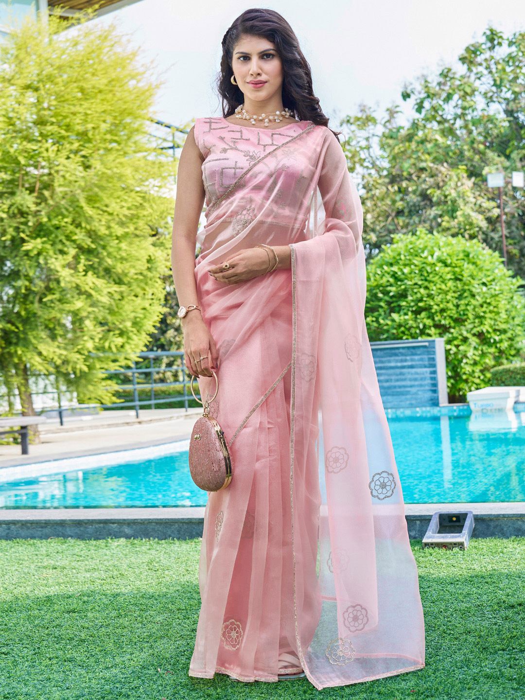 

Anouk Embellished Beads and Stones Organza Saree, Pink