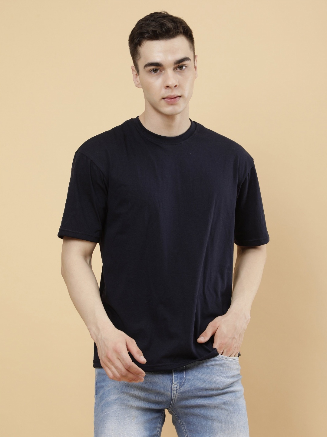 

PockMAN Men Bio Finish Solid Round Neck Cotton T-Shirt, Navy blue