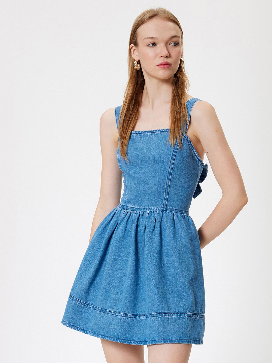 

Koton Sleeveless Bow Pure Cotton Fit & Flare Dress, Blue