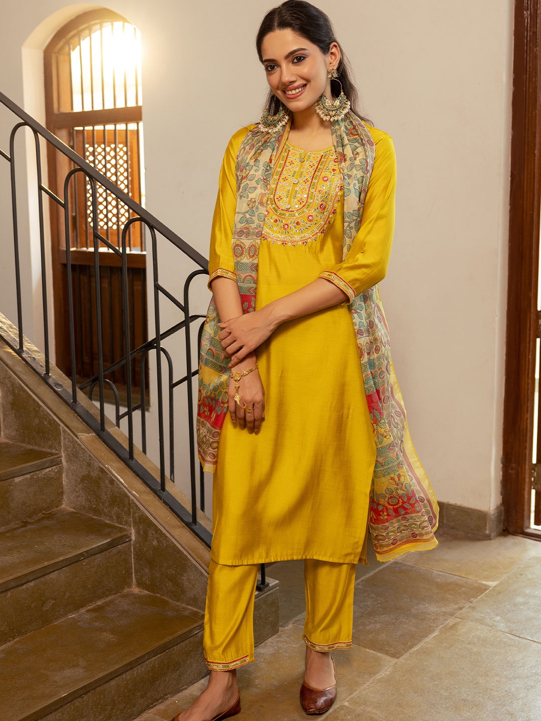 

FASHOR Floral Yoke Design Round Neck Mirror Work Kurta with Trousers & With Dupatta, Yellow