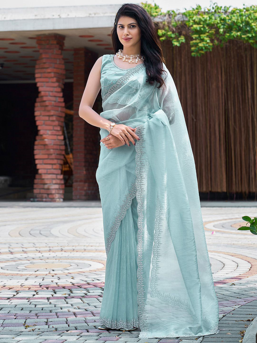 

Anouk Embellished Beads and Stones Organza Saree, Blue