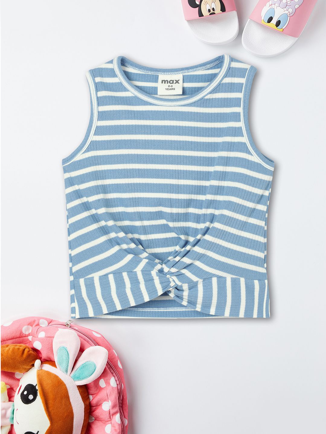 

max Girls Striped Round Neck Cotton Top, Blue