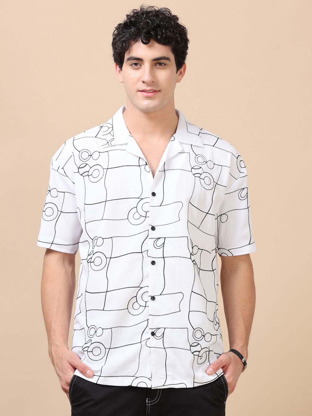 

Bushirt Men Classic Cuban Collar Geometric Printed Oversized Casual Shirt, White
