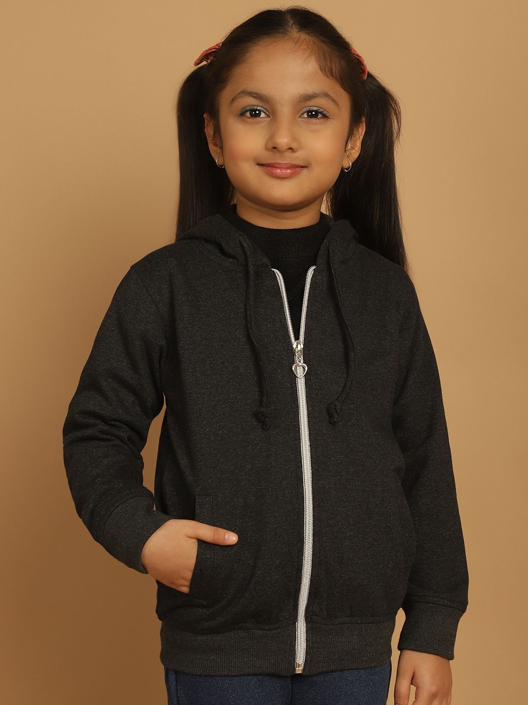 

MINI & MING Girls Solid Hooded Sweatshirt, Charcoal