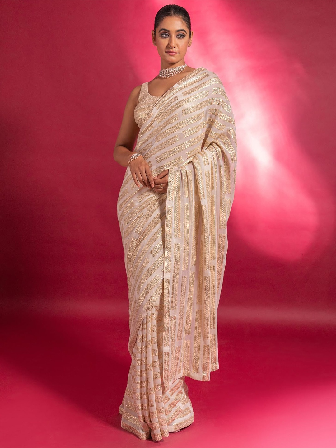 

FABPIXEL Embellished Sequinned Pure Georgette wedding wear saree, Off white