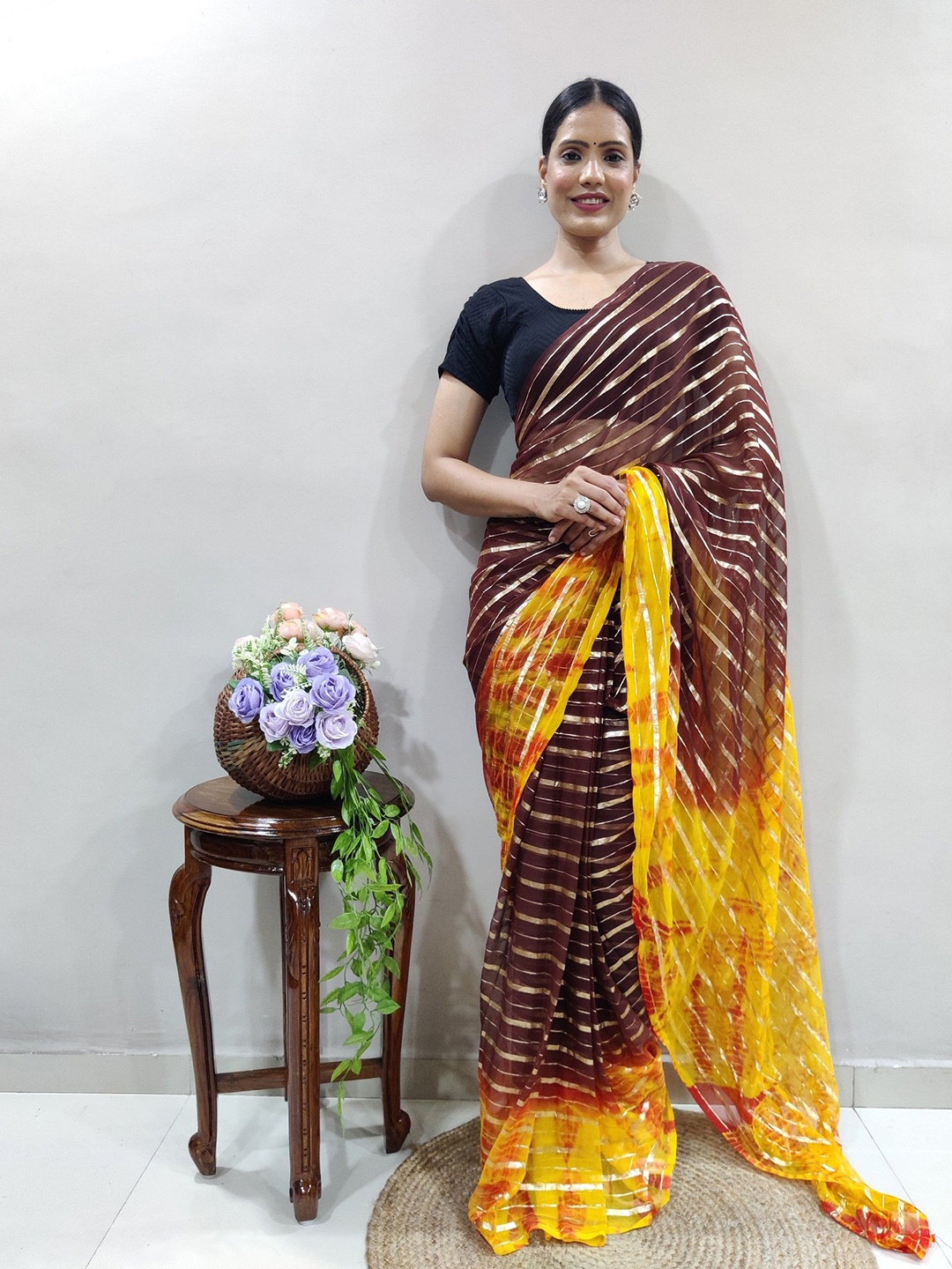 

LeeliPeeri Designer Striped Organza Saree With Zari Border, Brown