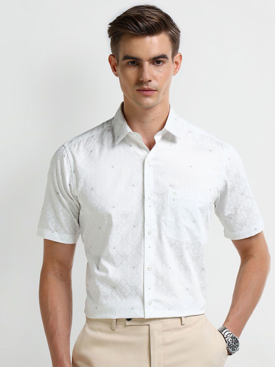 

Arrow Men Modern Spread Collar Ethnic Printed Cotton Slim Fit Formal Shirt, White