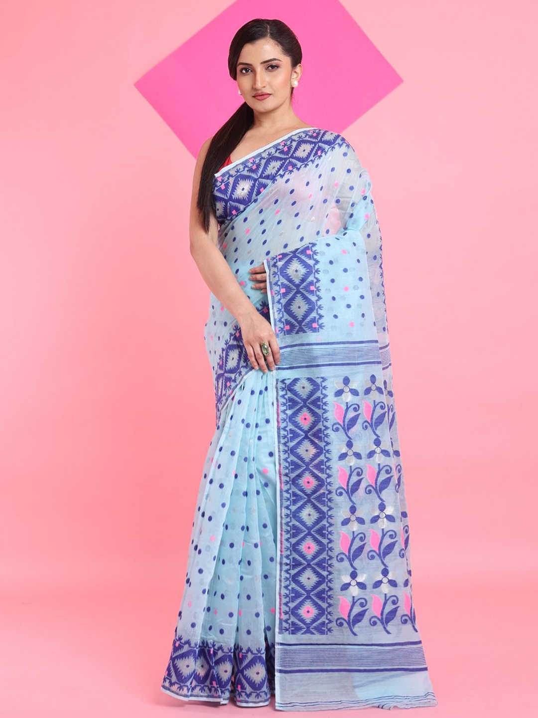 

Arhi Woven Design Jamdani Saree, Turquoise blue