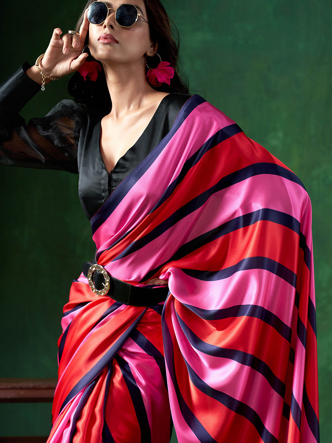 

Sangria Striped Saree With Blouse Piece, Pink