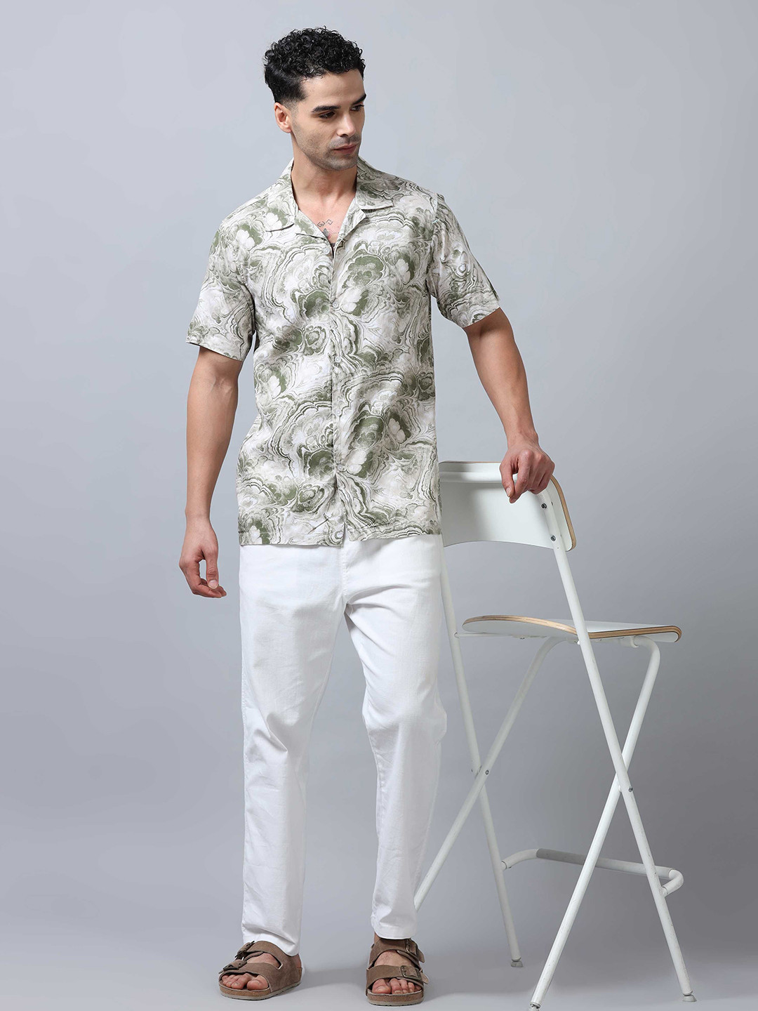 

SORATIA Men Cuban Collar Abstract Printed Cotton Relaxed Fit Casual Shirt, Green