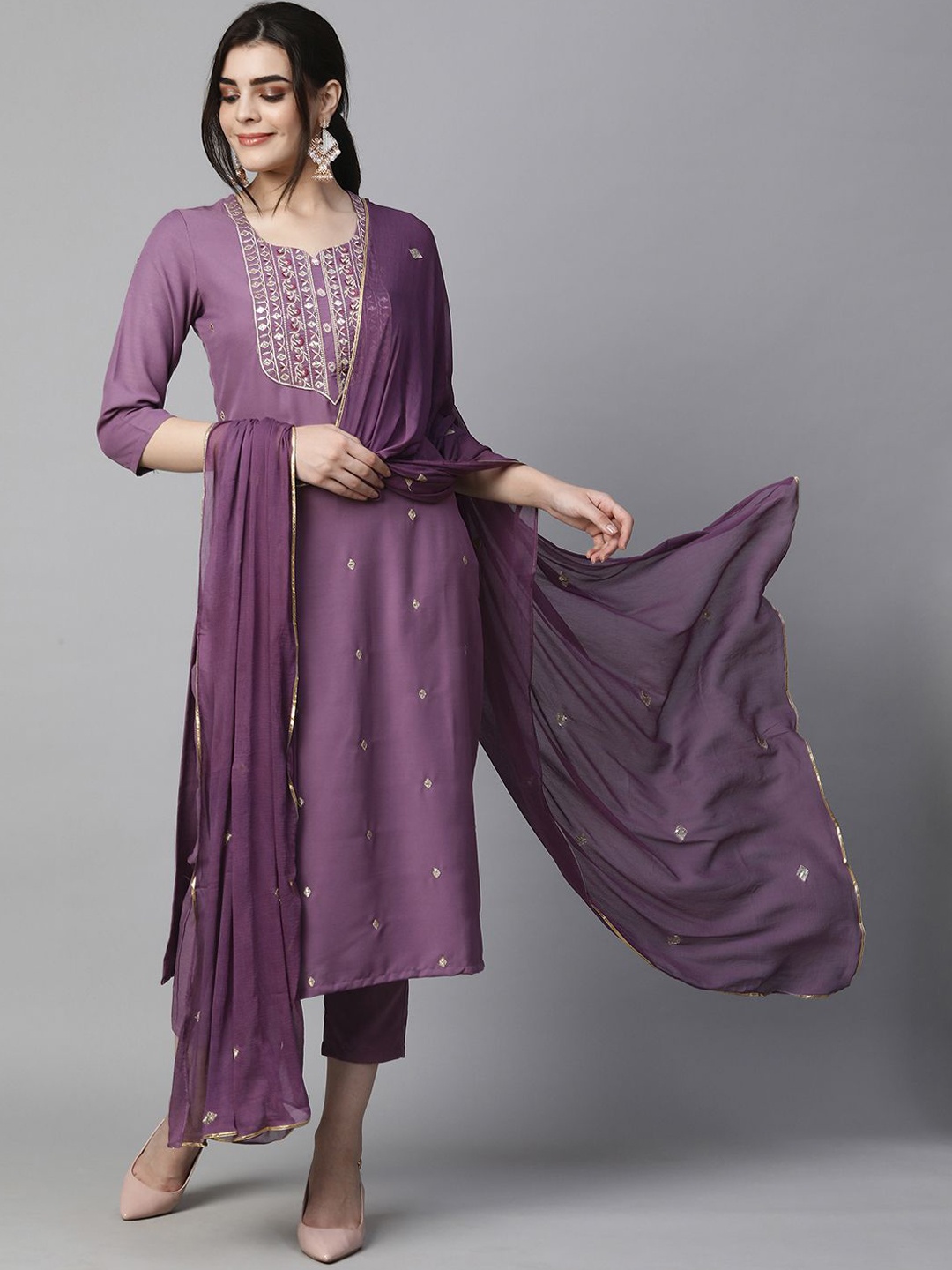 

GoSriKi Ethnic Motifs Yoke Design Thread Work Straight Kurta With Trousers & Dupatta, Purple