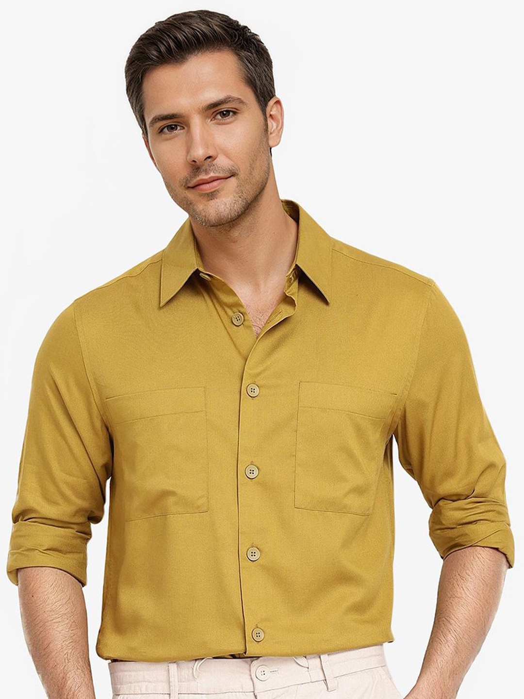 

RARE RABBIT Men Comfort Spread Collar Solid Cotton Boxy Casual Shirt, Mustard