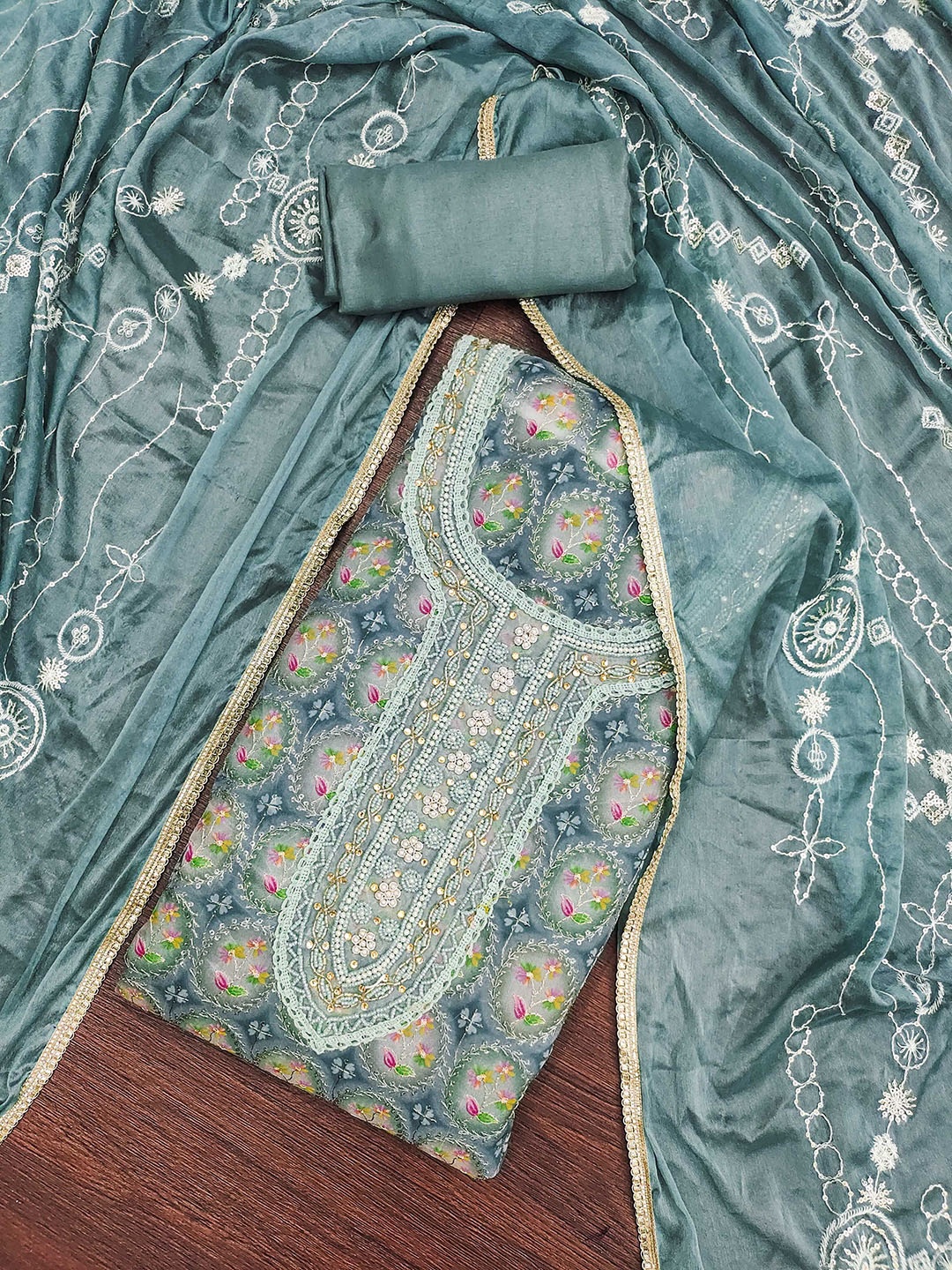 

KALINI Embroidered Zari Organza Unstitched Dress Material, Teal
