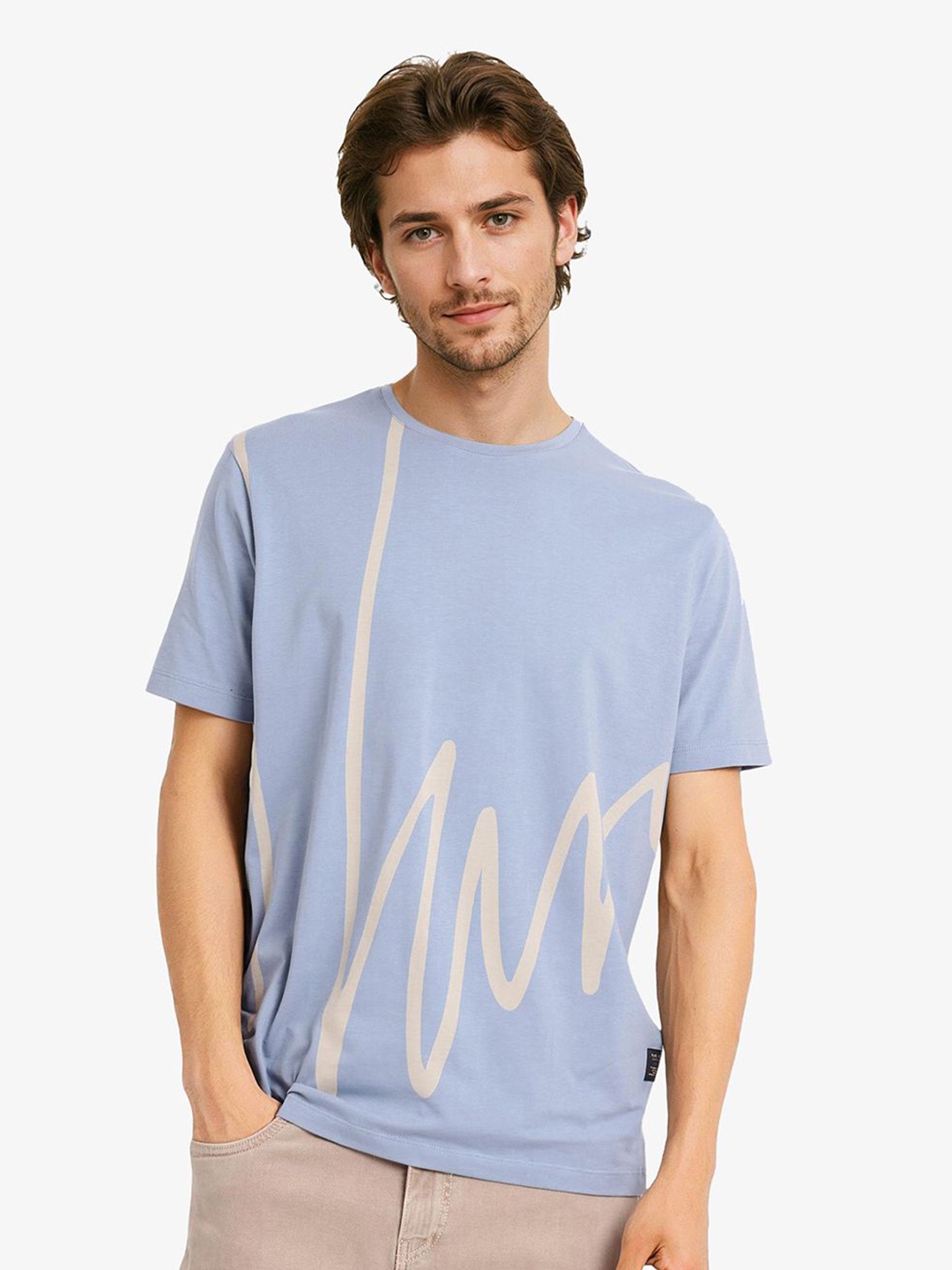 

RARE RABBIT Men Abstract Printed Round Neck Cotton T-shirt, Blue