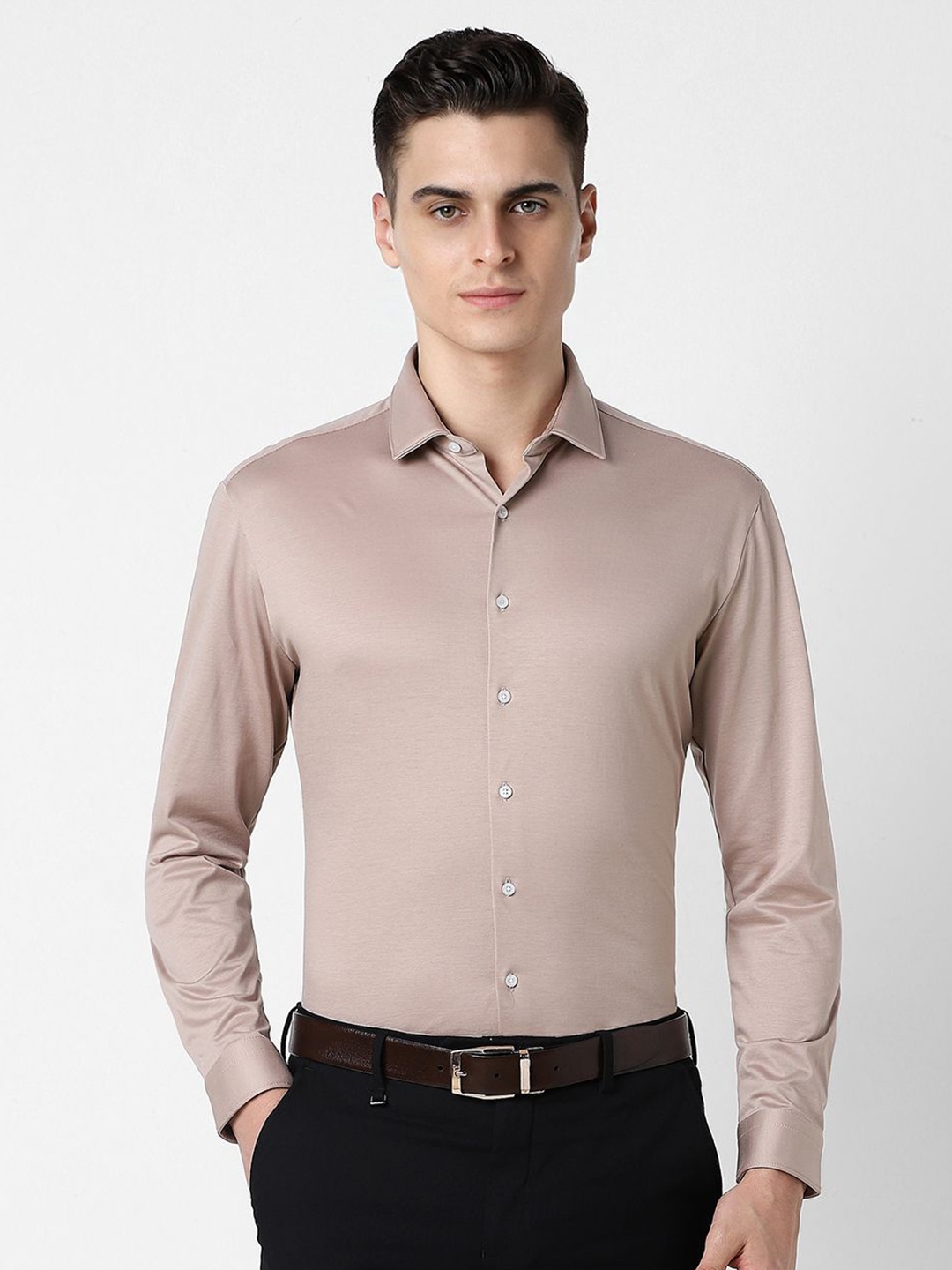 

Van Heusen Men Spread Collar Solid Cotton Slim Fit Formal Shirt, Nude