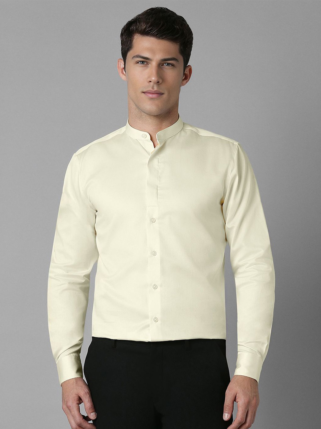 

Louis Philippe Men Band Collar Solid Cotton Slim Fit Formal Shirt, Cream