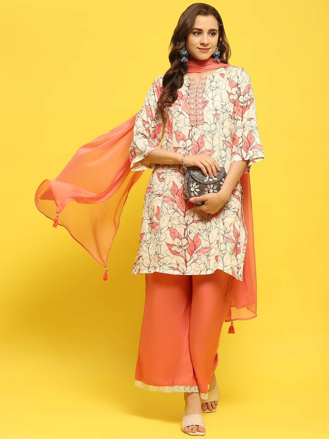 

Shree Floral Printed Regular Sequinned Liva Kurta With Palazzos & Dupatta, Peach