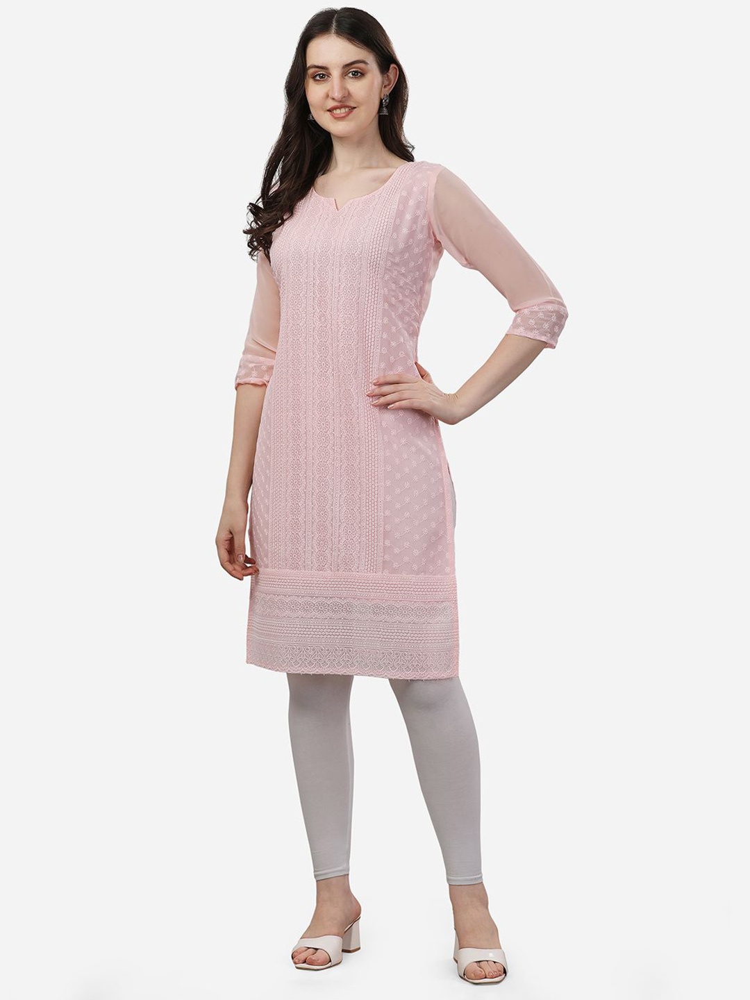

Kalini Women Ethnic Motifs Embroidered Chikankari Straight Kurta, Peach