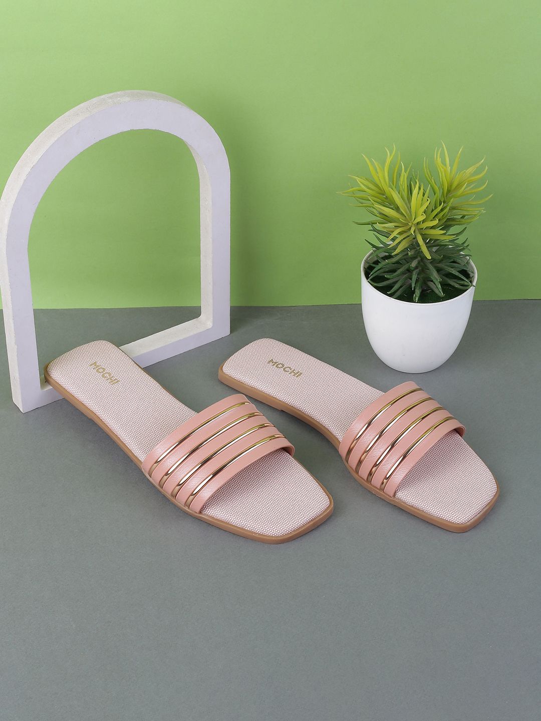 

Mochi Women Striped Open Toe Flats, Peach
