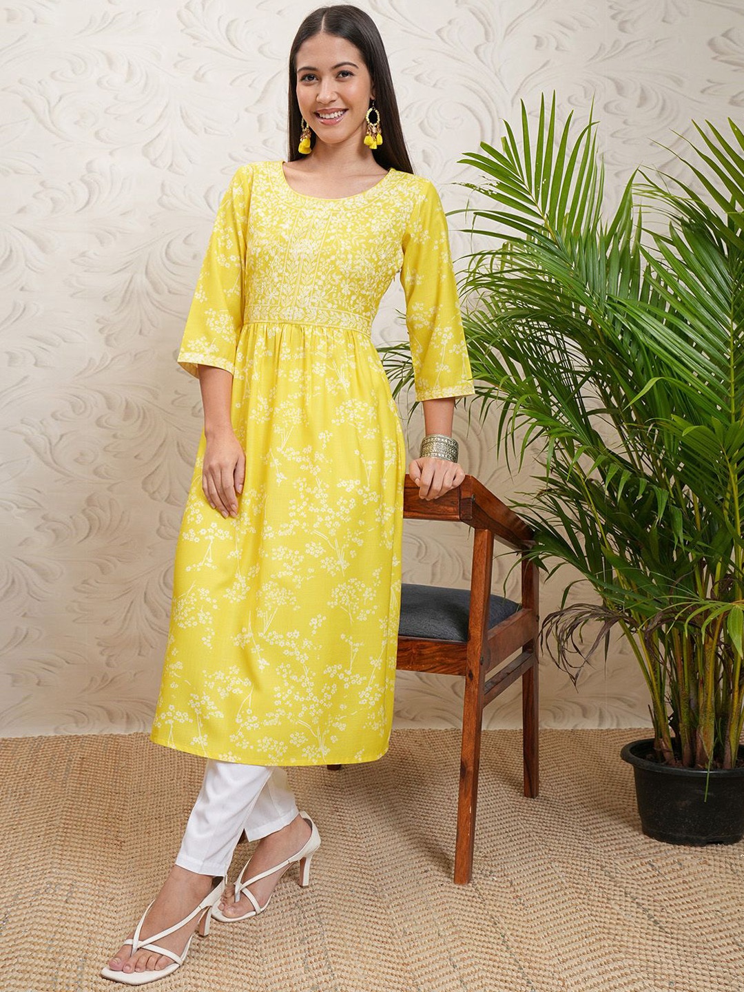 

Vishudh Yellow Floral Printed Round Neck Gathered Waist A-Line Kurta