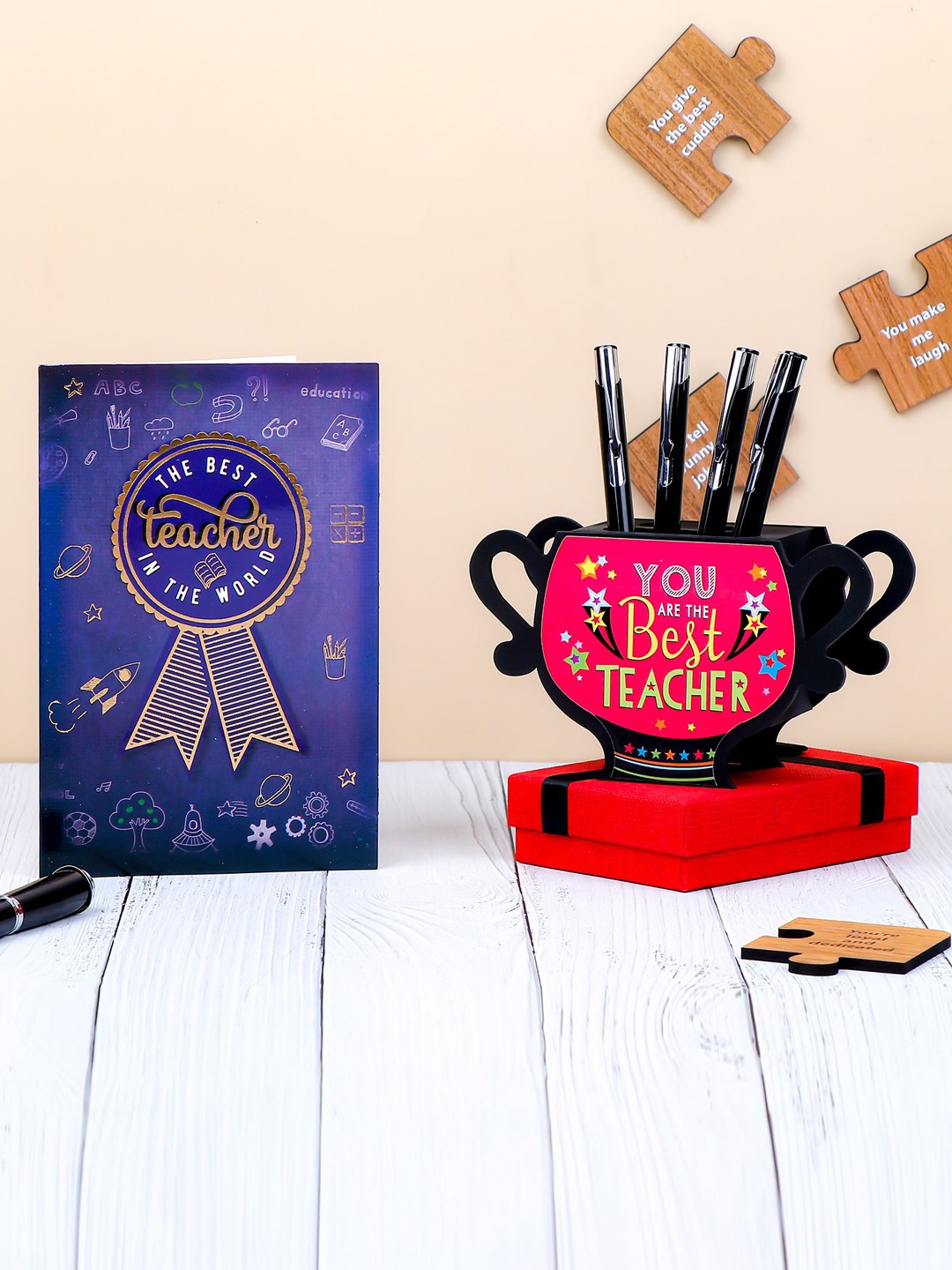 

Archies Best Teacher Printed Penstand with Beautiful Greeting Card, Red