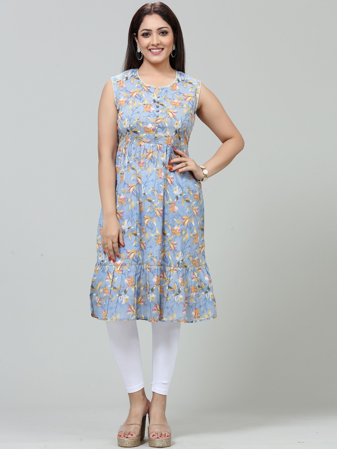 

COTTON CULTURE Floral Printed Notch Neck Sleeveless Anarkali Kurta, Blue