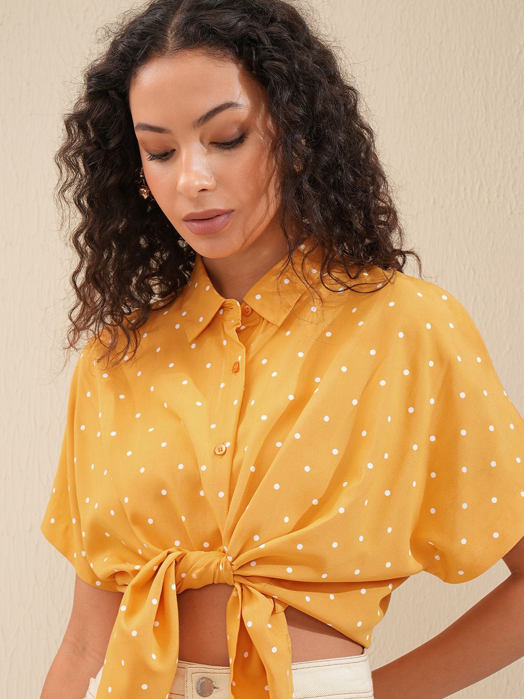 

Tokyo Talkies Women Buttondown Extended Sleeve Cropped Shirt, Yellow