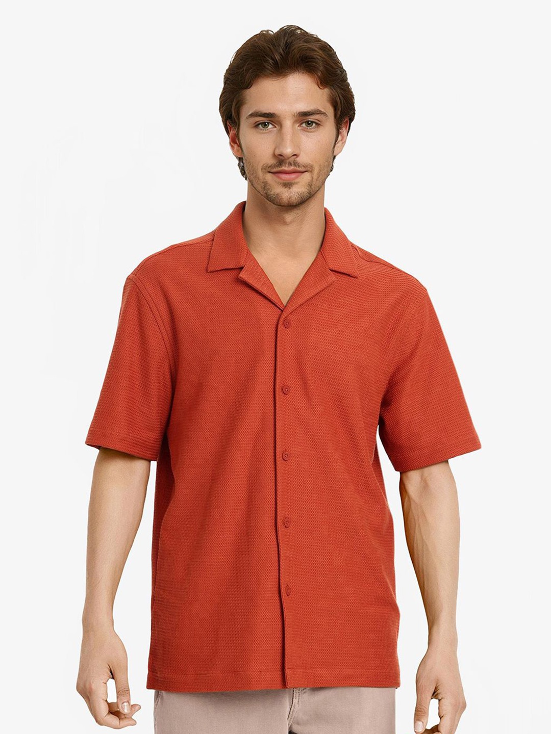 

RARE RABBIT Men Comfort Cuban Collar Solid Cotton Boxy Casual Shirt, Rust