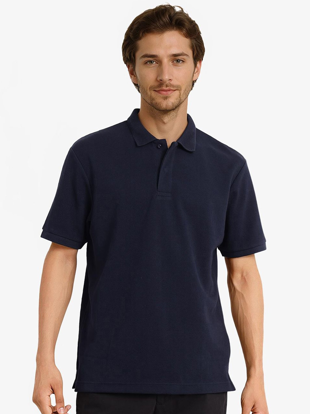 

RARE RABBIT Men Solid Polo Collar Cotton T-shirt, Navy blue