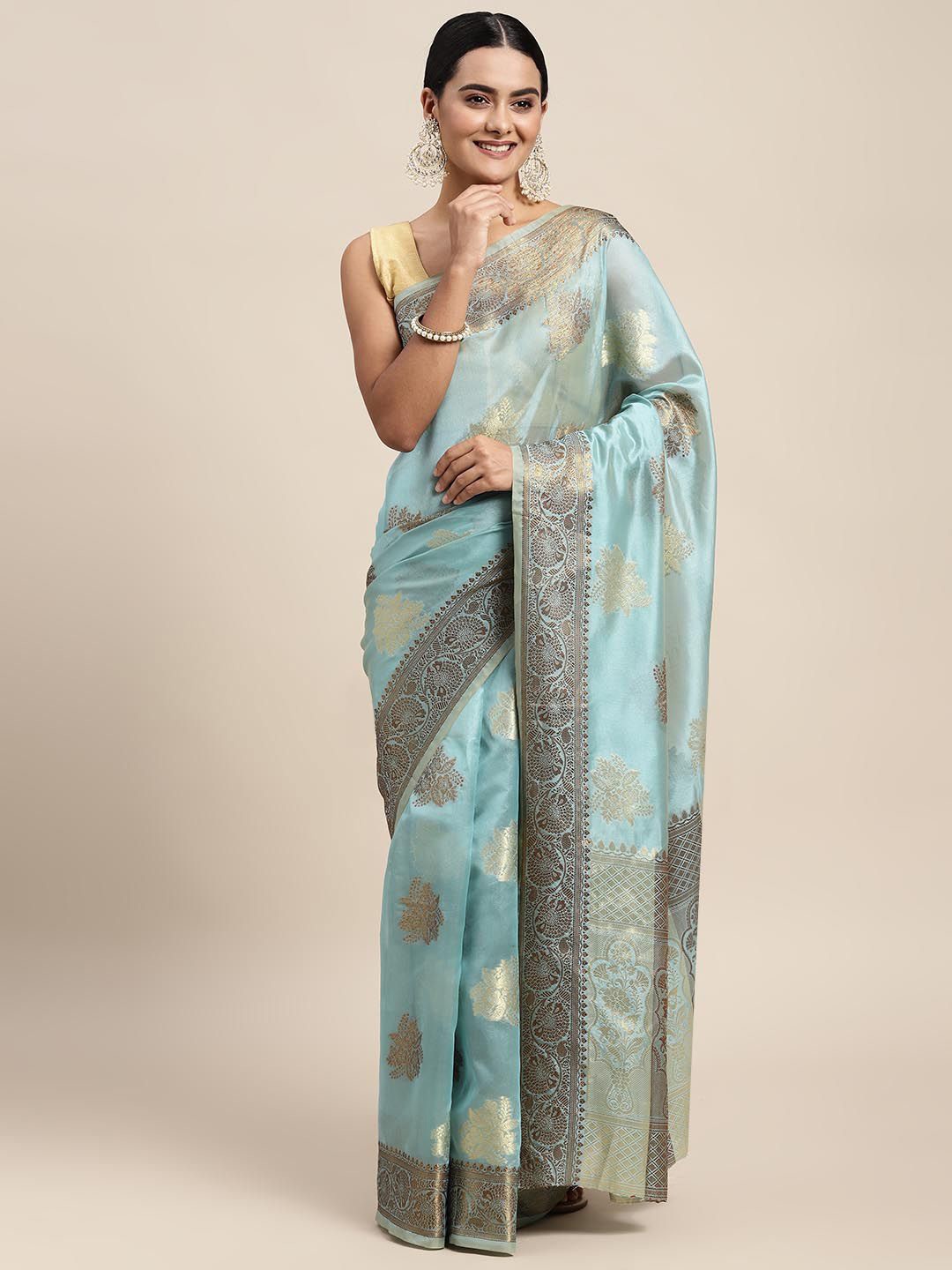 

KIMISHA Floral Zari Organza Kanjeevaram Saree, Blue