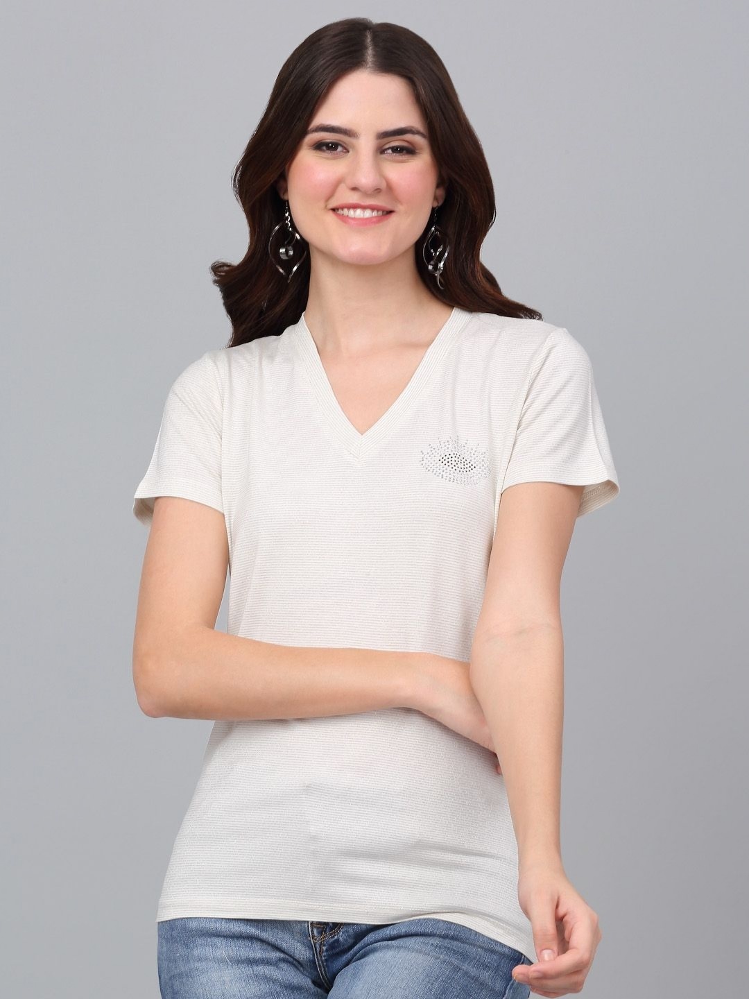 

Dressitude Women Solid V-Neck Pure Cotton T-Shirt, Cream