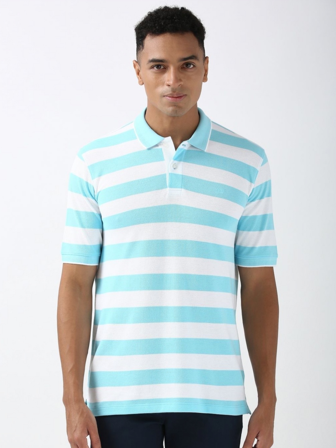 

Peter England Men Striped Polo Collar Cotton T-Shirt, Blue