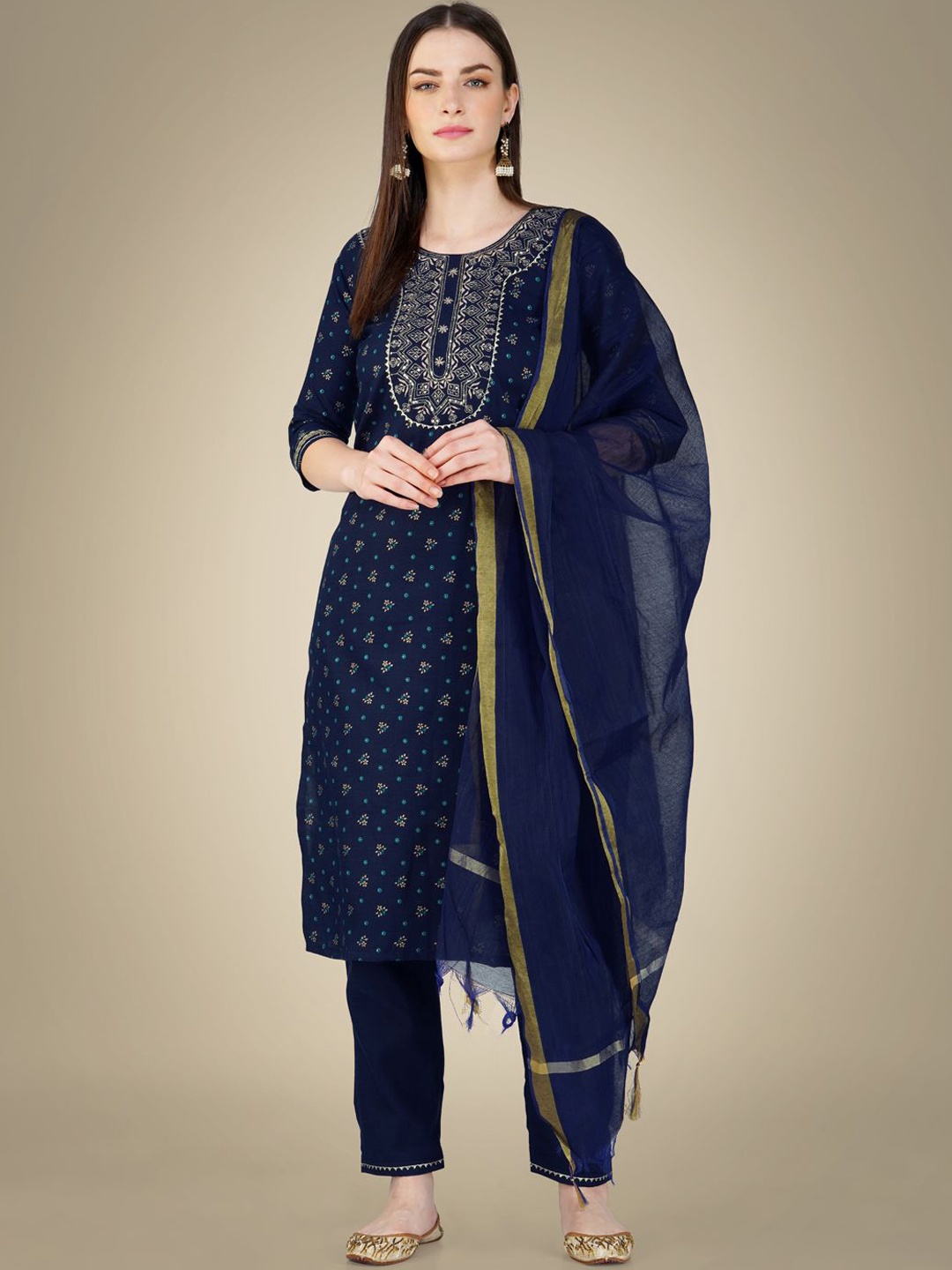 

WILNERCROWN Floral Printed Sequinned Straight Kurta with Trousers & Dupatta, Navy blue