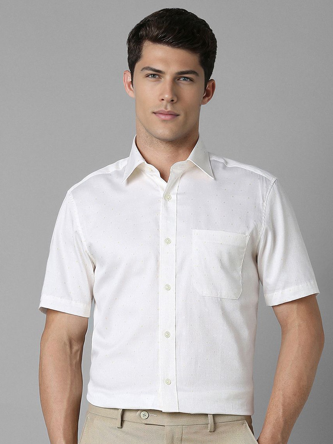 

Louis Philippe Men Classic Spread Collar Geometric Printed Cotton Formal Shirt, White
