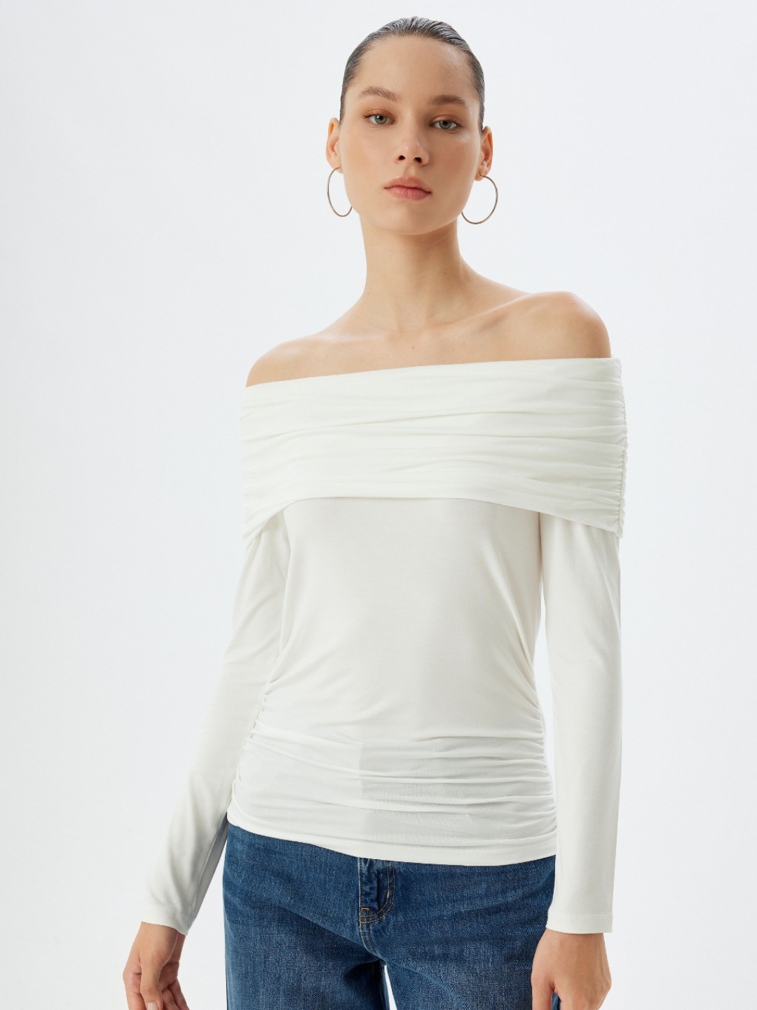 

Koton Women Striped Henley Neck Extended Sleeves Monochrome Pockets Slim Fit T-shirt, Beige