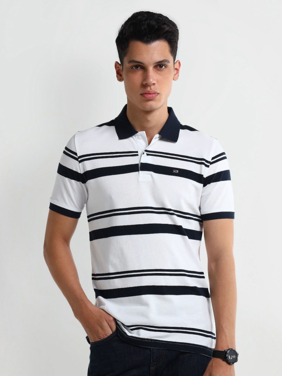 

Arrow Men Striped Knits Polo Collar Cotton T-shirt, White